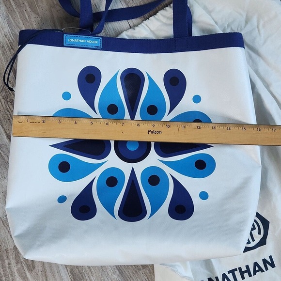 Jonathan Adler White Navy Feather Medallion 2 Sided Beach Talulla Large Tote NWT - Picture 8 of 16